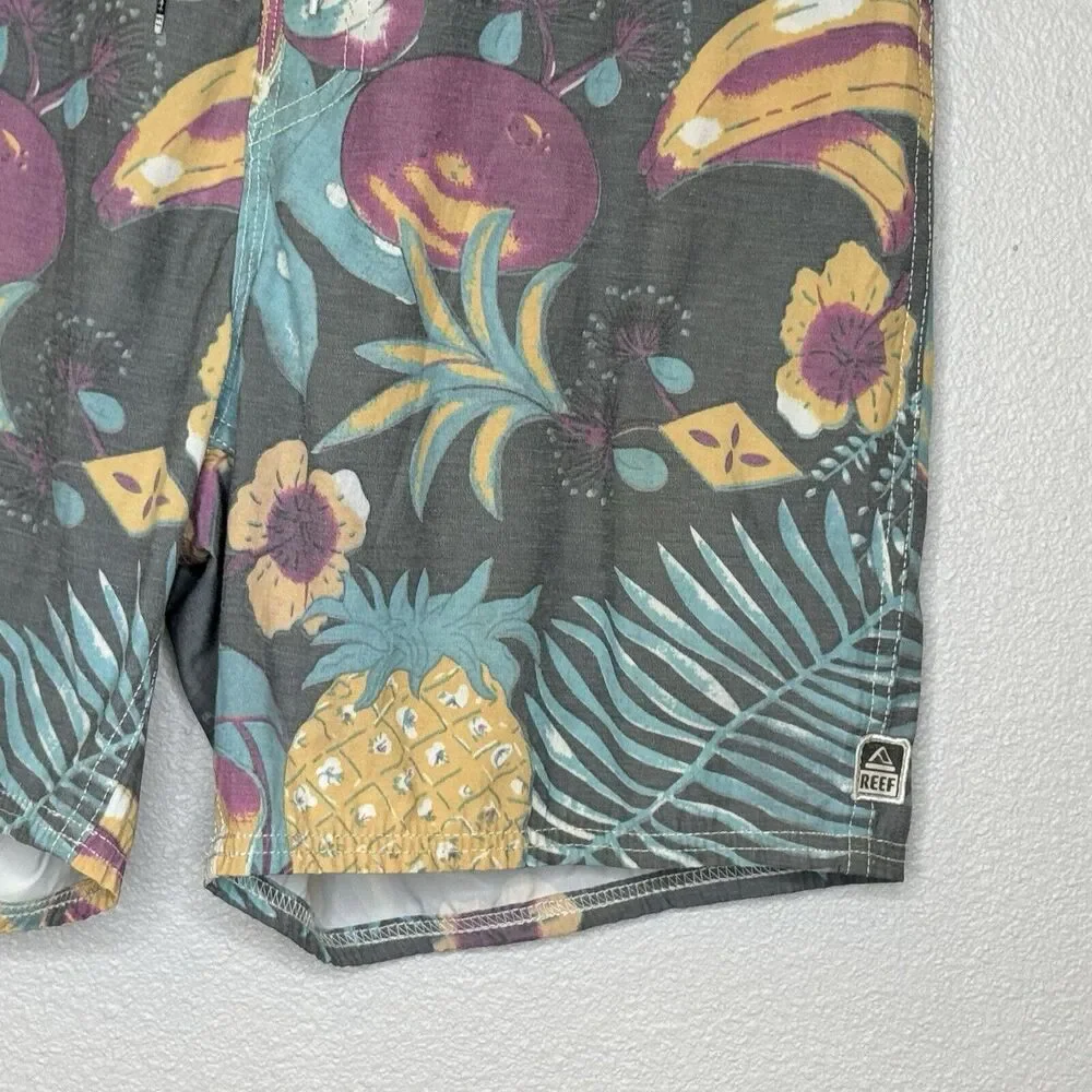 Reef Mens Swim Board Shorts Sz 32 Gray Muted Hawaiian Pineapple Print‎ 7